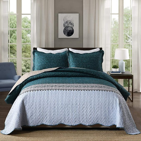 Travan 3-Piece Queen Quilt Set Quilted Bedspread Oversized Microfiber Soft Lightweight Bedding Set with Shams for All Season, Blue Ocean, Queen Size