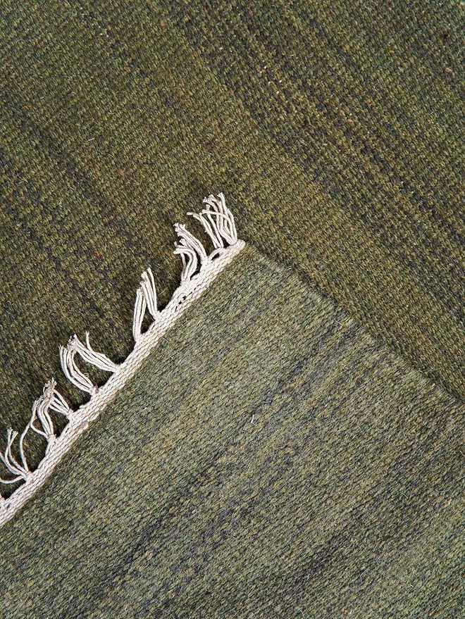 Rugsotic Carpets Hand Woven Flat Weave Kilim Wool ECO-Friendly Area Rugs - 8'x10', Rectangle Shape, Olive Color, Solid Plain Design, Low Pile Handmade Area Rugs for Living Room, Bed Room (D00111)
