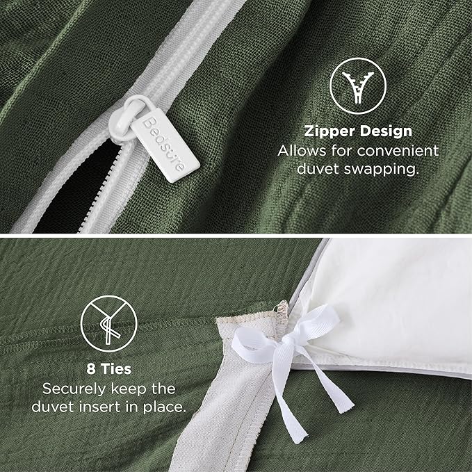 Bedsure Muslin Duvet Cover Queen Size - Cotton Blend Rayon Derived from Bamboo, Cooling Duvet Covet for Hot Sleepers - Ultra-Soft & Breathable Bedding Set for All Seasons(Olive Green, 90"x90")