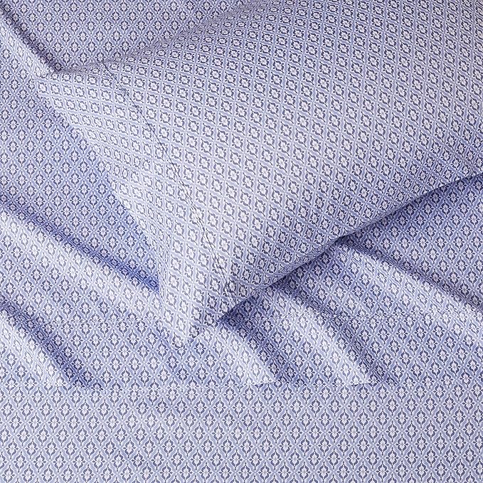 Amazon Basics Lightweight Super Soft Easy Care Wrinkle-Free Breathable Brushed Microfiber 3-Piece Bed Sheet Set with 14-Inch Deep Pockets, Twin, Blue Damask, Printed