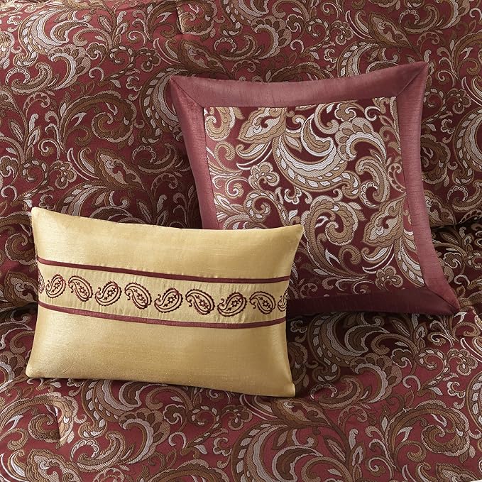 Madison Park Essentials Brystol 24 Piece Room in a Bag Faux Silk Comforter Jacquard Paisley Design Matching Curtains Down Alternative Hypoallergenic All Season Bedding-Set, Queen (90 in x 90 in), Red