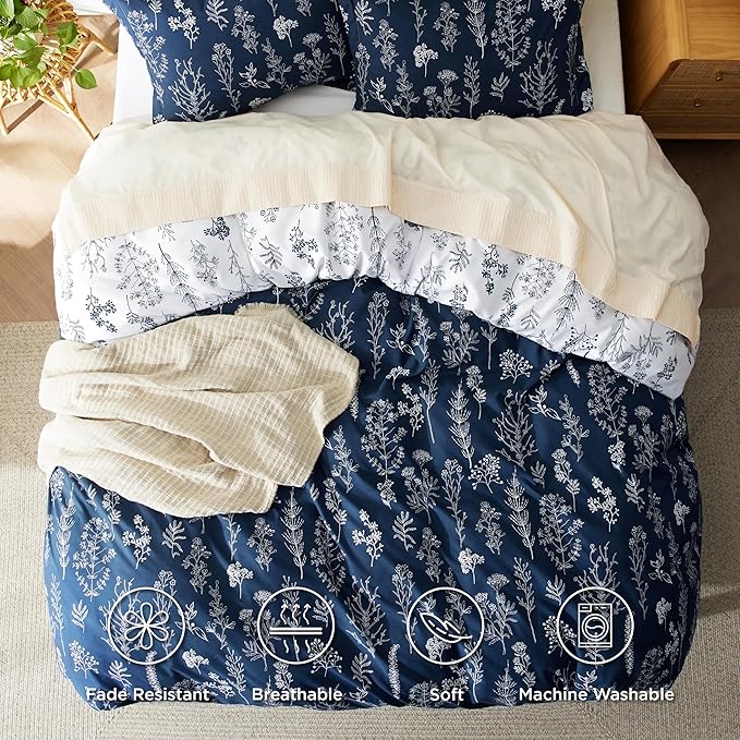 Bedsure Duvet Cover Full Size - Reversible Navy Blue Full Duvet Cover Set with Zipper Closure, 3 Pieces Cute Floral Botanical Bedding Set with 8 Corner Ties and 2 Pillow Shams