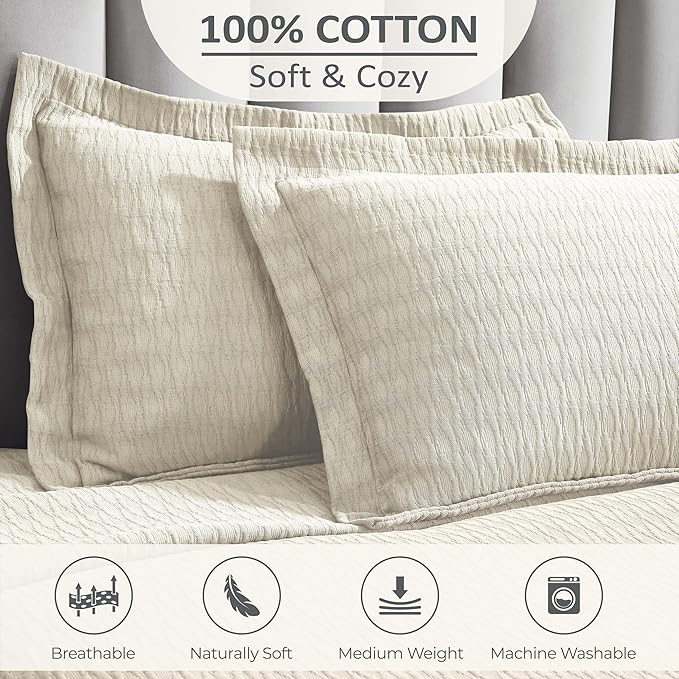 Superior 3 Piece Cotton Bedspread Set, Home Bed Decor, Decorative Bed Spread, 2 Pillow Shams, Medium Weight Blanket, Matelasse Coverlet, Bedding Essentials, Calvert Collection, California King, Ivory