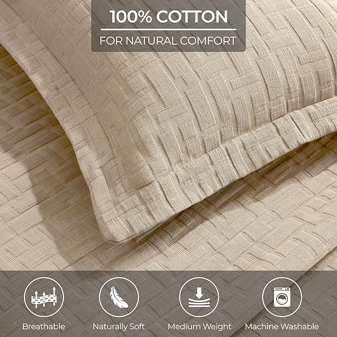 Superior 3 Piece Cotton Bedspread and Sham Set, Home Bed Decor, Decorative Bed Spread, 2 Pillow Shams, Medium Weight, Geometric Matelasse Coverlet, Bedding Essentials, Madrid Collection, Queen, Beige
