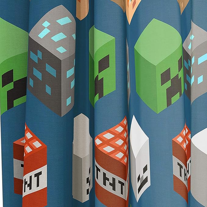 Jay Franco Minecraft Isometric Blue 84" Inch Drapes 4 Piece Set - Beautiful Room Décor & Easy Set Up, Bedding Features Creeper - Window Curtains Include 2 Panels & 2 Tiebacks