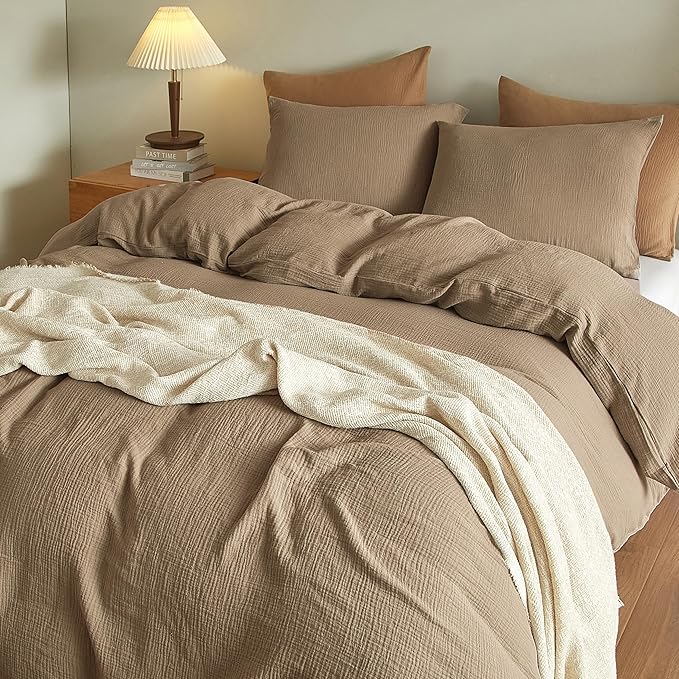 SE SOFTEXLY Muslin Duvet Cover California King Size, 100% Washed Cotton Duvet Cover Set, Ultra Soft Comforter Cover Linen Like, 3 Pieces Gauze Duvet Cover with 2 Pillowcases, 98"x104", Light Brown