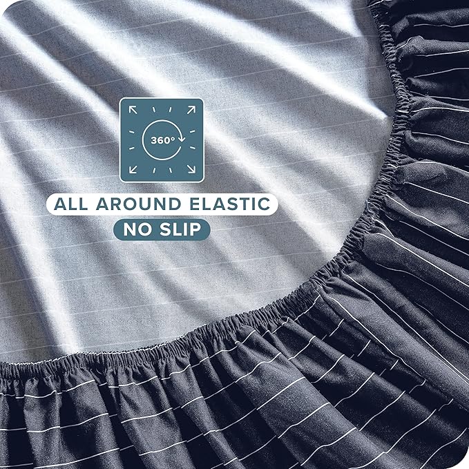 Bare Home Queen Sheet Set - Luxury 1800 Ultra-Soft Microfiber Double Brushed - Deep Pockets - Easy Fit - 4 Piece Set (Queen, Pinstripe - Midnight/White)