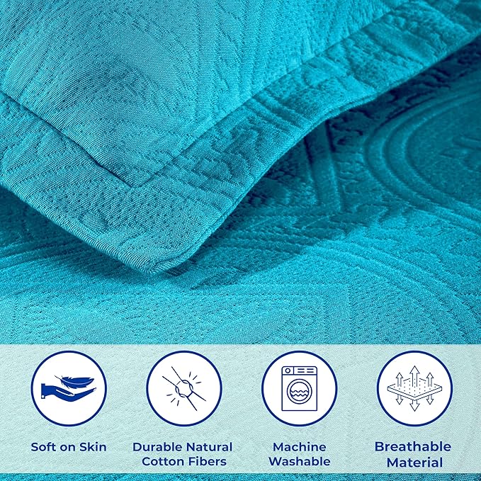 Superior 2 Piece Celtic Circles Cotton Bedspread Set, Decorative Bed Spread, Home Bed Decor, 1 Pillow Sham, Medium Weight Blanket, Matelasse Coverlet Bedding, Wedding Ring Design, Queen, Peacock Blue