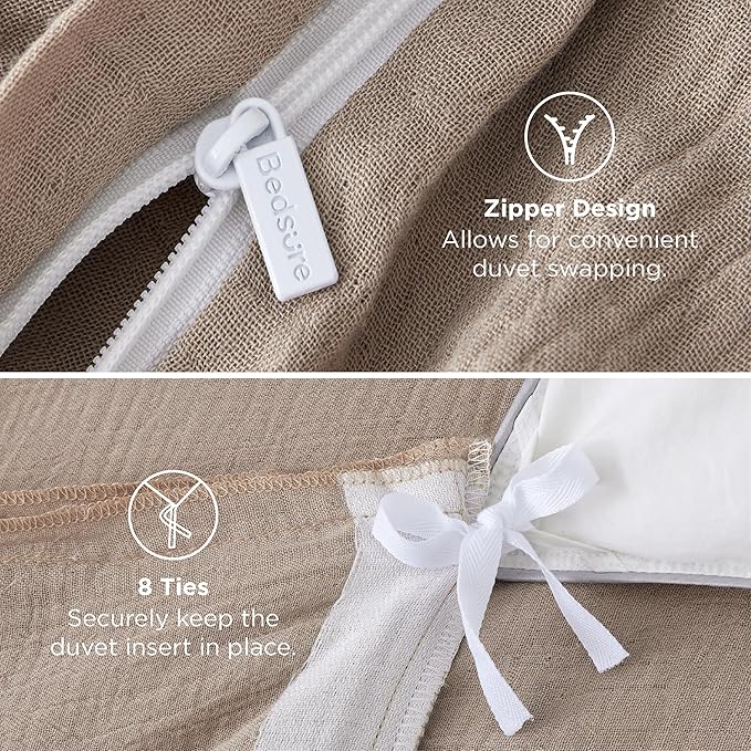 Bedsure Muslin Duvet Cover Queen Size - Cotton Blend Rayon Derived from Bamboo, Cooling Duvet Covet for Hot Sleepers - Ultra-Soft & Breathable Bedding Set for All Seasons(Khaki, 90"x90")