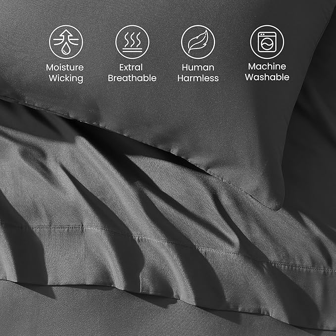SLEEP ZONE Nanotex Super Soft Cooling Twin Bed Sheets Set for Kids 3 Piece - Easy Care Fitted Flat Sheet & Pillowcase Sets - Wrinkle Free, Fade Resistant, Deep Pocket 16" (Gray, Twin)