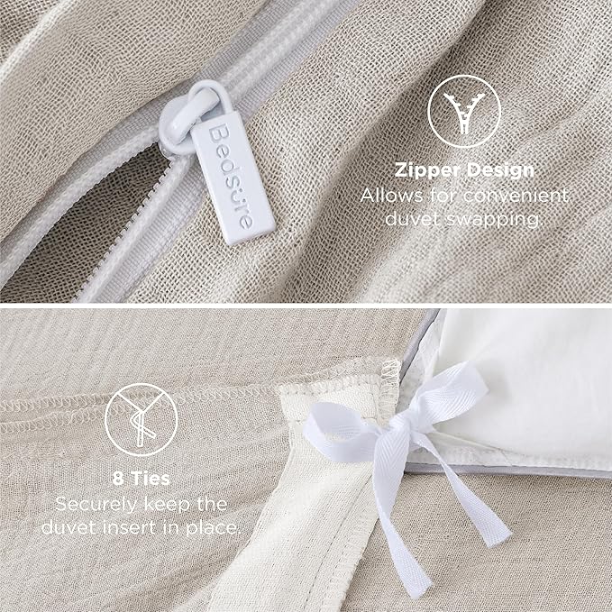Bedsure Muslin Duvet Cover Queen Size - Cotton Blend Rayon Derived from Bamboo, Cooling Duvet Covet for Hot Sleepers - Ultra-Soft & Breathable Bedding Set for All Seasons(Oat Milk, 90"x90")