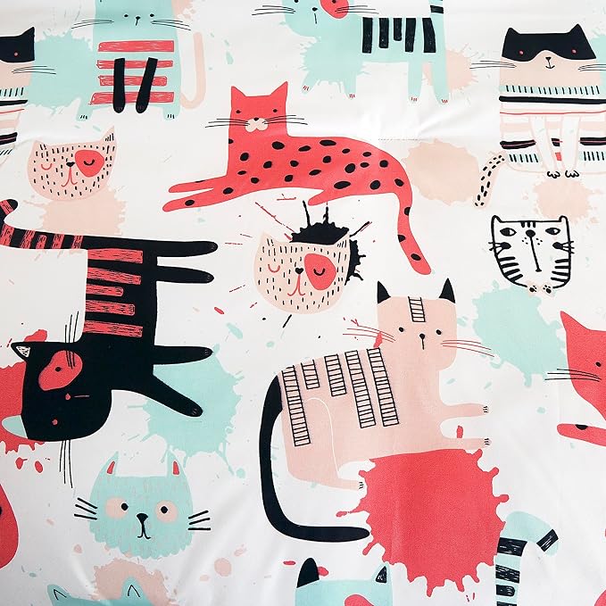 Chezmoi Collection 4-Piece Cartoon Cats Bedding Set Full/Queen Size - Blue Pink Black Soft Microfiber Comforter Set w/Cat Throw Pillow for Kids Teens