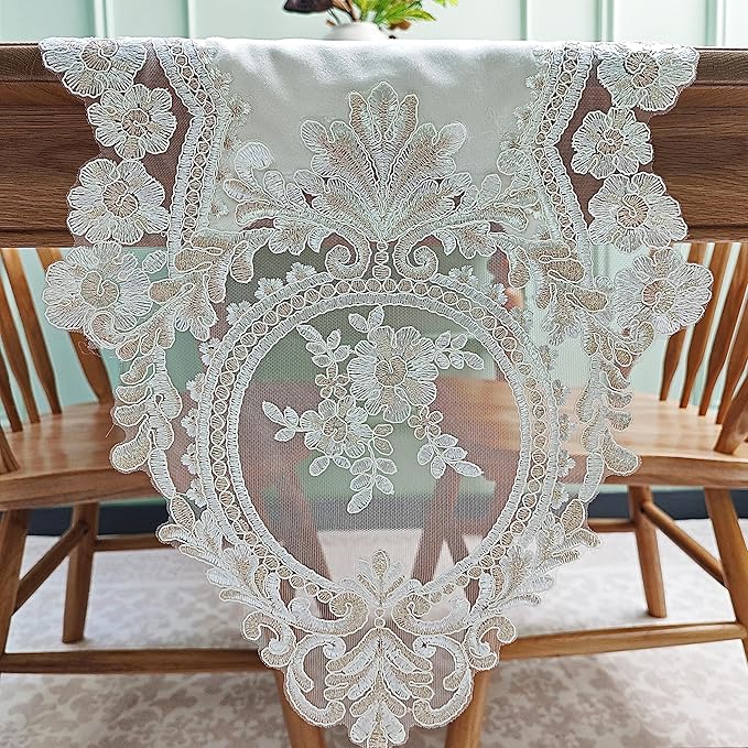Elegant Vintage Lace Table Runner 72 inches(180cm) Long Beige Gold with Exquisite Macrame and Embroidered Floral Pattern Perfect as a Dresser Scarf (14X72'')