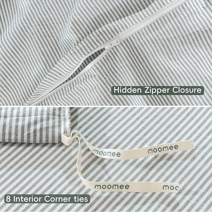 MooMee Striped Duvet Cover Set 100% Washed Cotton Linen Like Textured Breathable Durable Soft Comfy (Heathered Green Pinstripes, King 104"x90")