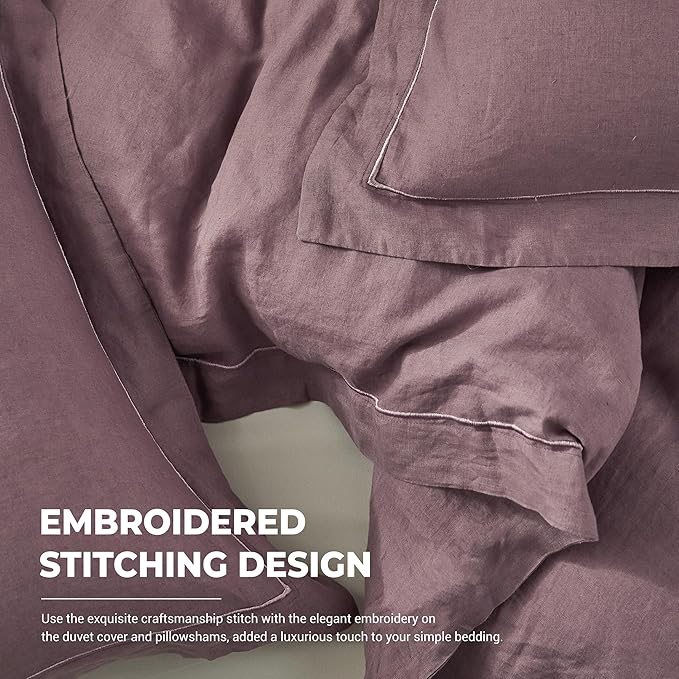 Simple&Opulence 100% Washed Linen Duvet Cover with Embroidered, 2 Pieces Soft Farmhouse Comforter Set with Button Closure,1 Duvet Cover and 1 Pillowsham(Twin,Purple)