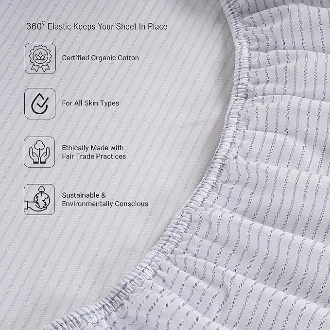 LANE LINEN Twin XL Fitted Sheet, 100% Organic Cotton 2-Piece Set (1 Fitted Sheet, 1 Pillowcase), Percale Weave, Bottom Sheet, Breathable, Fits Mattress Upto 15" Deep - Ticking Stripe (No Flat Sheet)