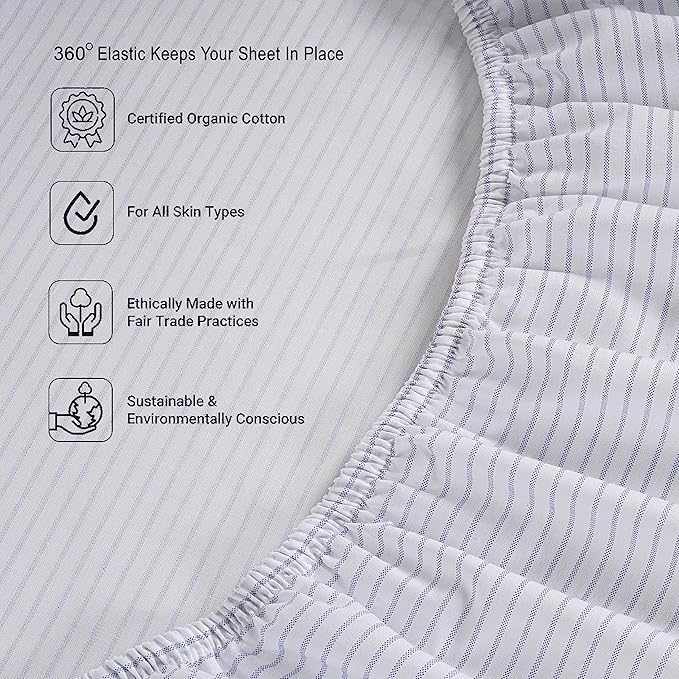 LANE LINEN King Fitted Sheet, 100% Organic Cotton, 3-Piece Set (1 Fitted Sheet,2 Pillowcases), Percale Weave, Ultra Soft, Breathable,Fits Mattress Upto 15" Deep - Ticking Stripe(No Flat Sheet)