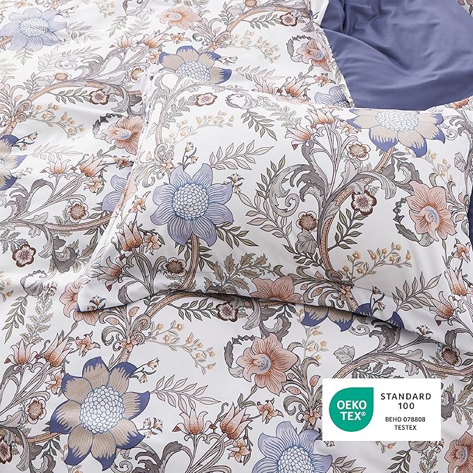 Bedsure Duvet Cover Queen Size - Reversible Blue Floral Duvet Cover Set with Zipper Closure, 3 Pieces Blossom Patterned Bedding Set with 8 Corner Ties and 2 Pillow Shams 20"x26"