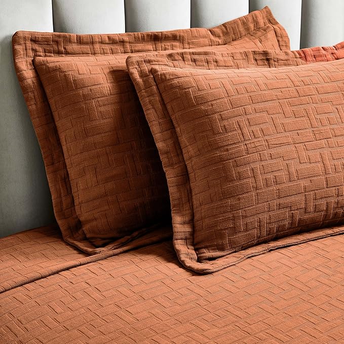 Superior 3 Piece Cotton Bedspread and Sham Set, Home Bed Decor, Decorative Bed Spread, 2 Pillow Shams, Medium Weight, Matelasse Coverlet, Bedding Essentials, Madrid Collection, Queen, Burnt Orange