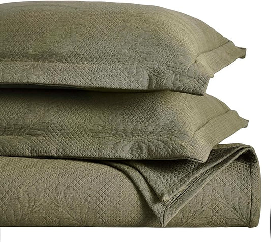 Superior 3 Piece Cotton Bedspread Set, Home Decor, Decorative Bed Spread, 2 Pillow Shams, Medium Weight Blanket, Matelasse Coverlet, Bedding Essentials, Peploi Collection, California King, Olive Green
