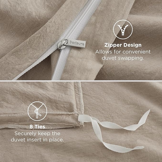 Bedsure 100% Washed Cotton Duvet Cover Cal King - Frosted Almond Minimalist Cotton Duvet Cover Linen Like - GentleSoft™ Plain Simple Bedding (Frosted Almond, California King, 104"x98")