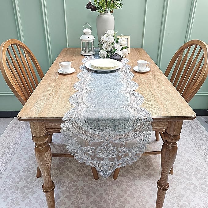 Elegant Vintage Lace Table Runner 72 inches(180cm) Long Grey Silver with Exquisite Macrame and Embroidered Floral Pattern Perfect as a Dresser Scarf (14X72'')