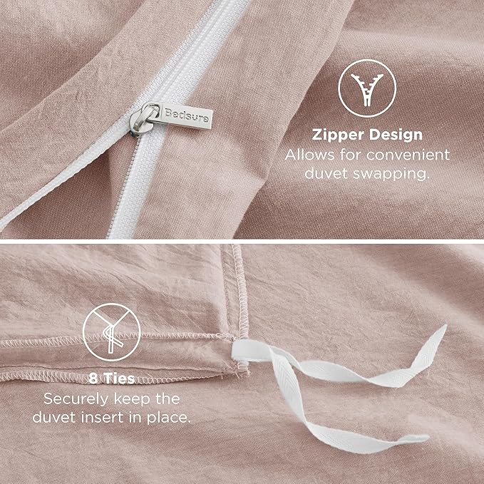 Bedsure 100% Washed Cotton Duvet Cover Twin Size - Petal Pink Minimalist Cotton Duvet Cover Linen Like for All Seasons - GentleSoft™ Plain Simple Bedding (Petal Pink, Twin, 68"x90")