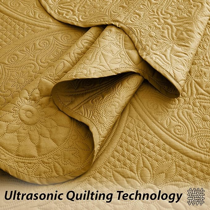 IR Imperial Rooms King Quilt Bedding Set Size (106" x 96") + 2 Pillow Shams (20" x 36"+ 2") - 3 Pcs All Season Lightweight Reversible Microfiber Coverlet Floral Embossed Quilt Bedspread (Ochre)