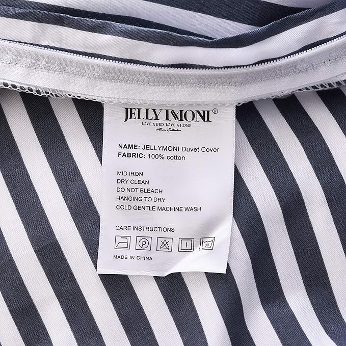JELLYMONI 100% Natural Cotton 3pcs Striped Duvet Cover Sets,White Duvet Cover with Navy Blue Stripes Pattern Printed Comforter Cover,with Zipper Closure & Corner Ties(King Size)