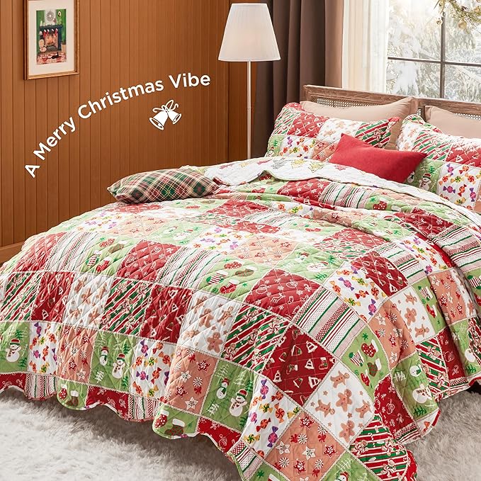 Bedsure Christmas Quilt Queen Size - Red Quilts for Queen Size Bed, Multicolor Patchwork Printed Pattern Christmas Bedding, Soft Lightweight Coverlet Bedspread (90"x96")