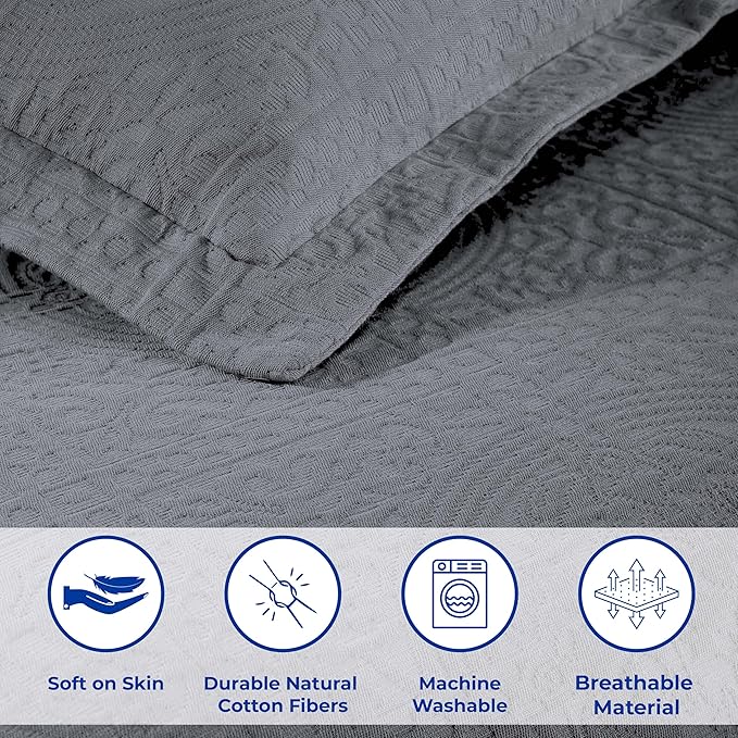 Superior Cotton Fleur De Lis Bedspread Set, Warm Blankets, All-Season Bedding, Bedroom Decor, Decorative Boho Medallion Coverlet, Includes 1 Bedspread, 2 Pillow Shams, Queen, Grey