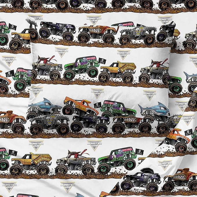 Jay Franco Kids Sheet Set with Fitted, Flat Sheets & Pillow Cover - Ultra-Soft Bedding with Pillowcase for Room Decor, Multi - Monster Jam, 3 Piece Twin