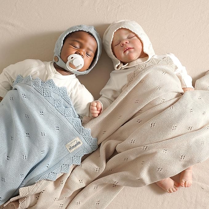 mimixiong Cotton Baby Blanket Knitted Crochet Receiving Crib Nursery Swaddling Blankets for Newborn Baby Boy Girl 30x40 Inch (Oatmeal)