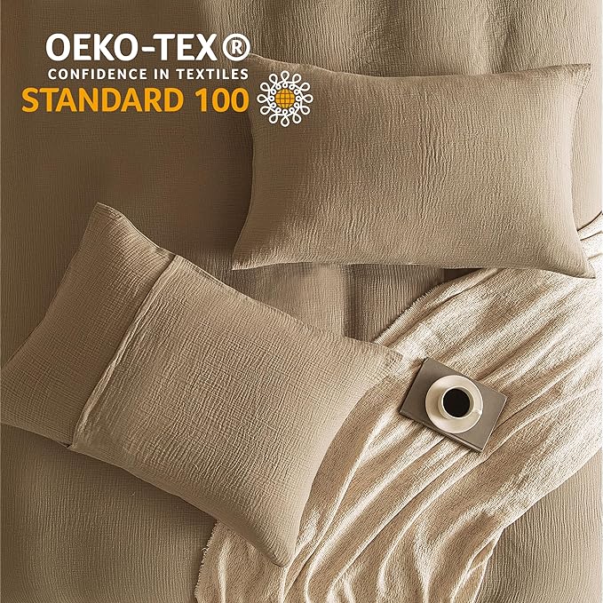 SE SOFTEXLY Muslin Duvet Cover Queen Size, 100% Washed Cotton Duvet Cover Set, Ultra Soft Comforter Cover Linen Like, 3 Pieces Minimalist Gauze Duvet Cover with 2 Pillowcases, 90"x90", Light Brown