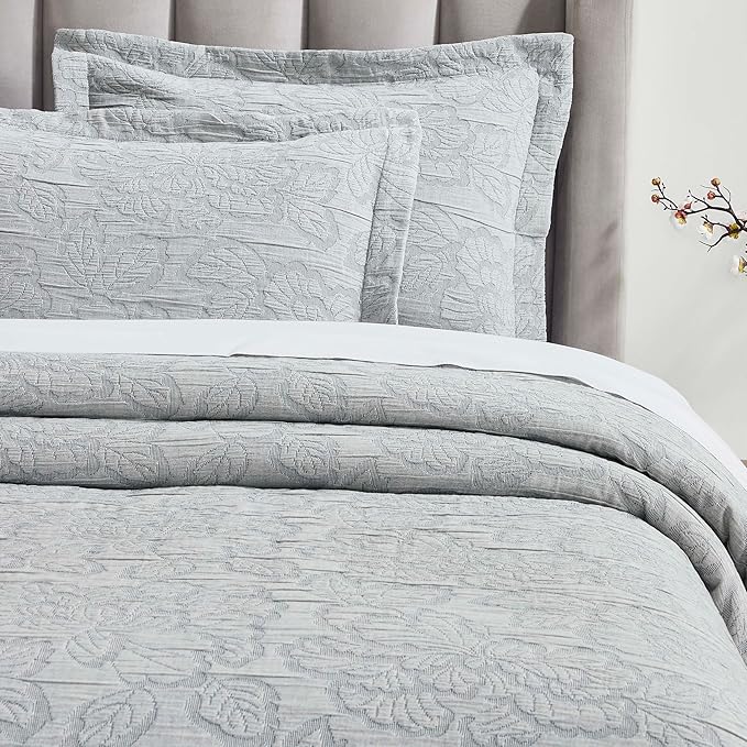 Superior 3 Piece Cotton Bedspread Set, Home Bed Decor, Decorative Bed Spread, 2 Pillow Shams, Medium Weight Blanket, Matelasse Coverlet, Bedding Essentials, Hibiscus Collection, Full, Grey