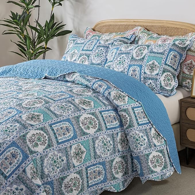 HoneiLife Queen Quilt Bedding Set - 3 Piece Microfiber Quilt Sets Floral Bedspreads Rustic Coverlets for Queen Bed