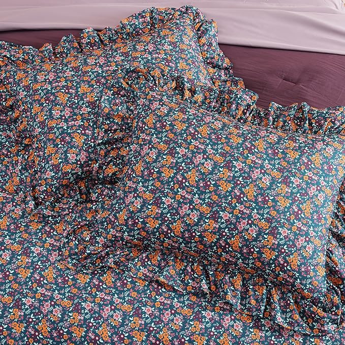 Queen Comforter Set - 7 Pieces Ruffle Purple Ditzy Bedding Sets, Shabby Chic Farmhouse Bed in a Bag with Ruffle Comforter, Sheets, Pillowcases & Shams
