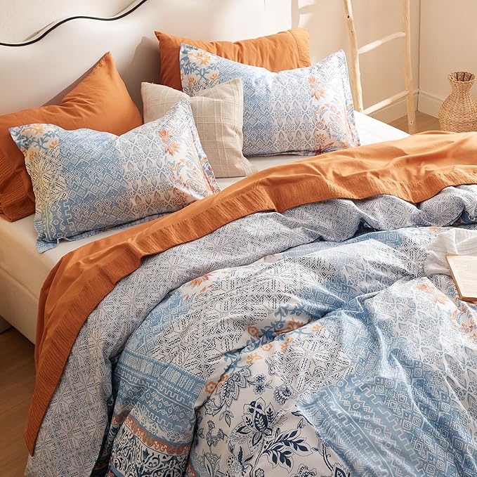 Bedsure Duvet Cover Queen Size - 100% Cotton Reversible Floral Queen Duvet Cover Set with Zipper Closure, 3 Pieces Soft & Breathable Bohemian Blue Bedding Set with 2 Pillow Shams 20"x26"