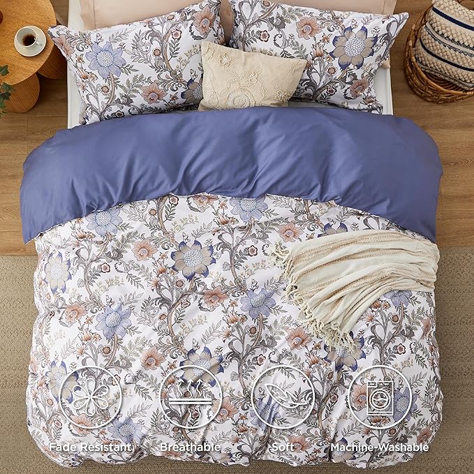 Bedsure Duvet Cover Queen Size - Reversible Blue Floral Duvet Cover Set with Zipper Closure, 3 Pieces Blossom Patterned Bedding Set with 8 Corner Ties and 2 Pillow Shams 20"x26"
