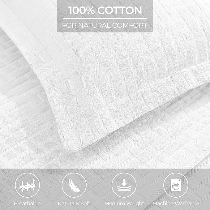 Superior 3 Piece Cotton Bedspread and Sham Set, Home Bed Decor, Decorative Bed Spread, 2 Pillow Shams, Medium Weight, Geometric Matelasse Coverlet, Bedding Essentials, Madrid Collection, Full, White
