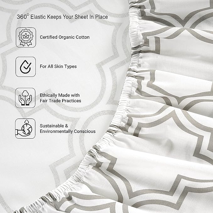 LANE LINEN Full Fitted Sheet, 100% Organic Cotton, 3-Piece Set (1 Fitted Sheet,2 Pillowcases), Percale Weave, Full Bed Bottom Sheet, Ultra Soft, Fits Mattress Upto 15" Deep - Trellis (No Flat Sheet)