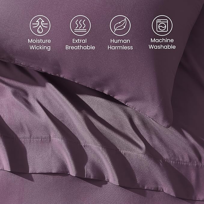 SLEEP ZONE Nanotex Super Soft Cooling King Bed Sheets Set 4 Piece - Easy Care Fitted Flat Sheet & Pillowcase Sets - Wrinkle Free, Fade Resistant, Deep Pocket 16" (Purple, King)