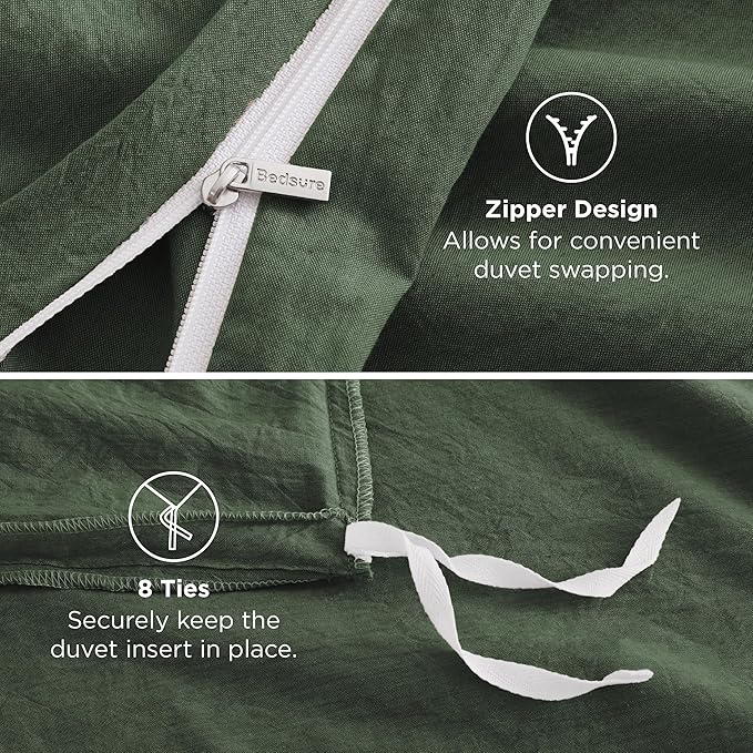 Bedsure 100% Washed Cotton Duvet Cover Full Size - Olive Green Minimalist Cotton Duvet Cover Linen Like for All Seasons - GentleSoft™ Plain Simple Bedding (Olive Green, Full, 80"x90")