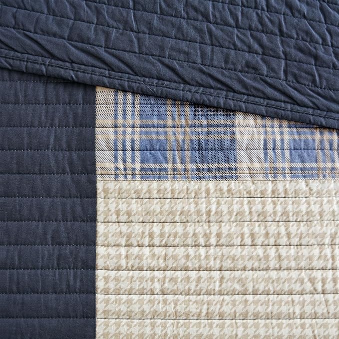 Woolrich Quilt Set Patchwork Channel Quilting, Cottage Coverlet for Twin Size Bed All Seasons, Lightweight Prewashed Cotton Coverlet Bedspread, Shams, Winter Hills, Oversized Full/Queen Blue 3 Piece