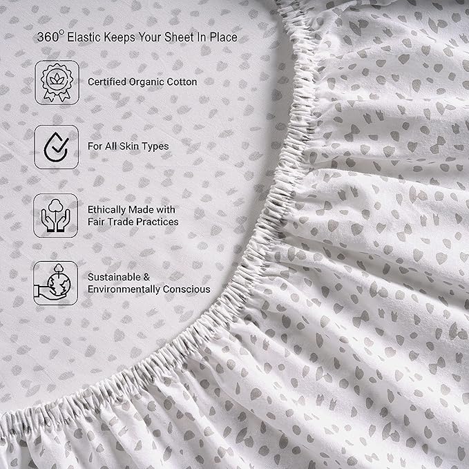 LANE LINEN Queen Fitted Sheet, 100% Organic Cotton Fitted Bed Sheets, 3 Pc Set(1 Fitted Sheet,2 Pillowcases) Percale Weave, Breathable, Fits Mattress Upto 15" Deep - White(Grey Dot)(No Flat Sheet)