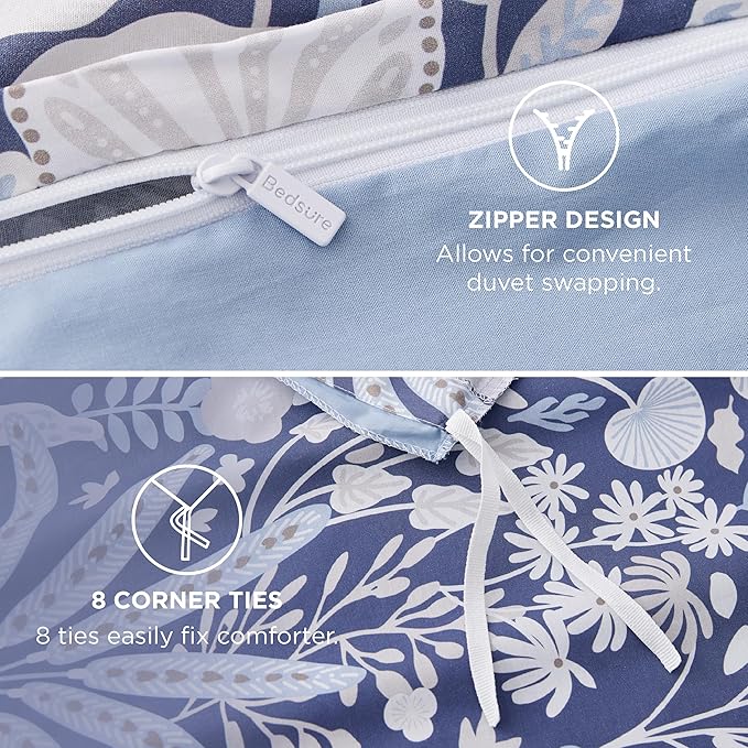 Bedsure Duvet Cover Queen Size - 100% Cotton Reversible Floral Queen Duvet Cover Set with Zipper Closure, 3 Pieces Soft & Breathable Vintage Indigo Blue Bedding Set with 2 Pillow Shams 20"x26"