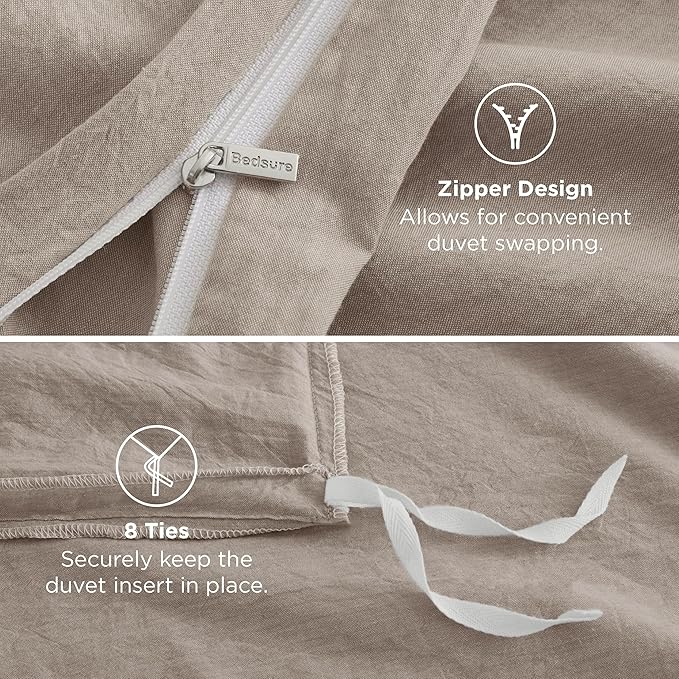 Bedsure 100% Washed Cotton Duvet Cover Queen Size - Tannish Linen Grey Minimalist Cotton Duvet Cover for All Seasons - GentleSoft™ Plain Simple Bedding Set (Tannish Linen Grey, Queen, 90"x90")