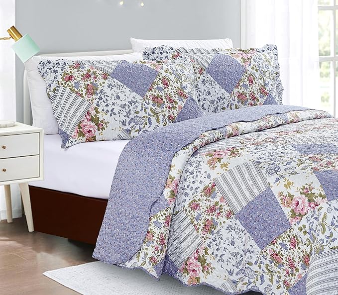 Brilliant Sunshine Rose Violet Patchwork, 3-Piece Quilt Set with 2 Shams, Reversible Bedspread, Soft Lightweight Coverlet, All-Season, King, Rose Violet