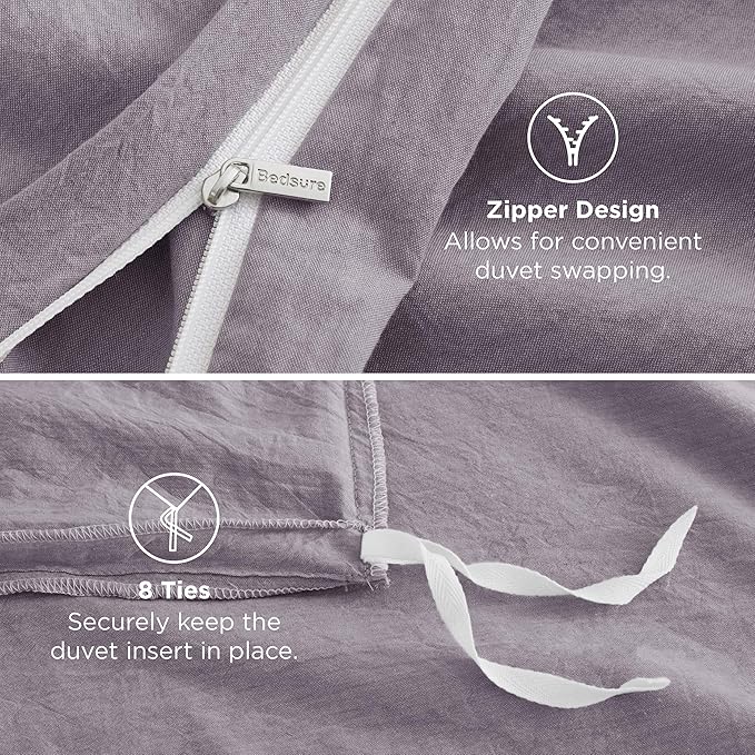Bedsure 100% Washed Cotton Duvet Cover Queen Size - Lavender Minimalist Cotton Duvet Cover Linen Like for All Seasons - GentleSoft™ Plain Simple Bedding (Lavender, Queen, 90"x90")