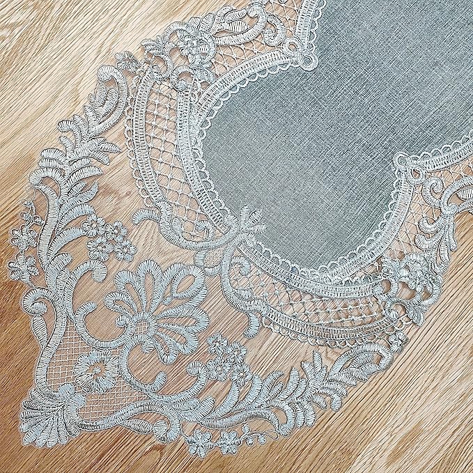 Elegant Vintage Lace Table Runner 120 inches(300cm) Long Grey Silver with Exquisite Macrame and Embroidered Floral Pattern Perfect as a Dresser Scarf (14X120'')